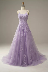 Lilac Lace Spaghetti Straps Prom Dress