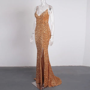 Sequin Stretch Backless Slit Dress