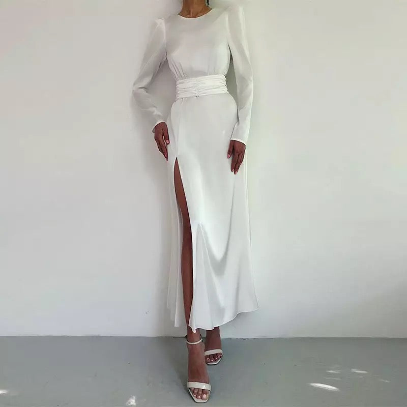 Elegant Satin Open Back Long Sleeve Slit Hem Belted Dress