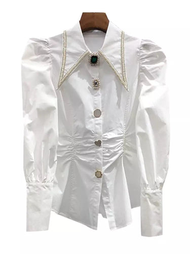 White Patchwork Lapel Pearl Blouse