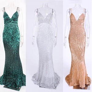 Sequined Stretch Backless Evening Dress