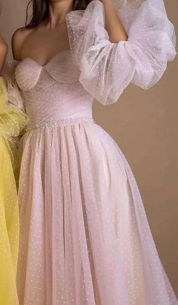 Fairy Polka Tulle Detachable Sleeves Prom Dress