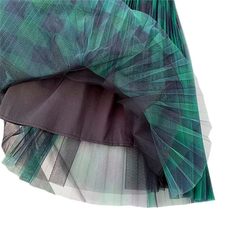 Long Pleated A Line Tulle Skirt