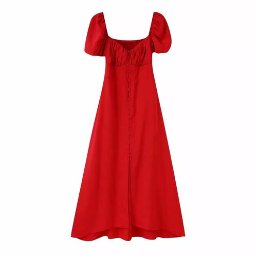 Red Puff Sleeve Slim Midi Dress