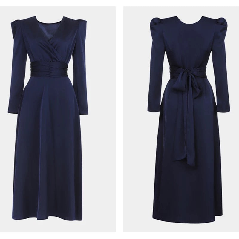 Elegant Satin Open Back Long Sleeve Slit Hem Belted Dress