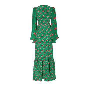 Green Long Vintage Lantern Sleeve Maxi Dress