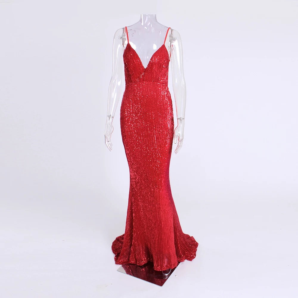 Sequined Stretch Backless Evening Dress