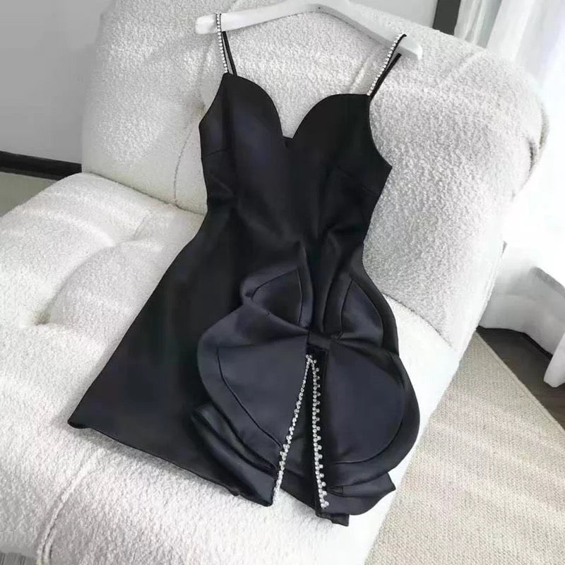Diamond Bow Tie Split Spaghetti Strap Skinny Mini Dress