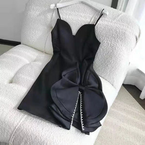 Diamond Bow Tie Split Spaghetti Strap Skinny Mini Dress