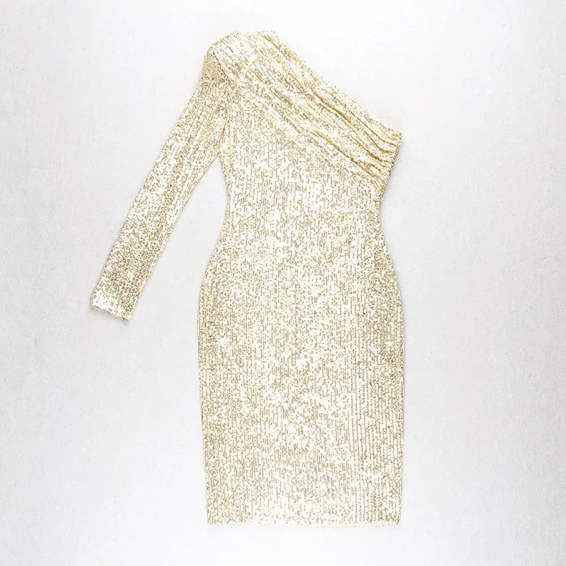 One Shoulder Mesh Sequins Dress