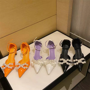 Ankle Strap Pearl Chain Heels