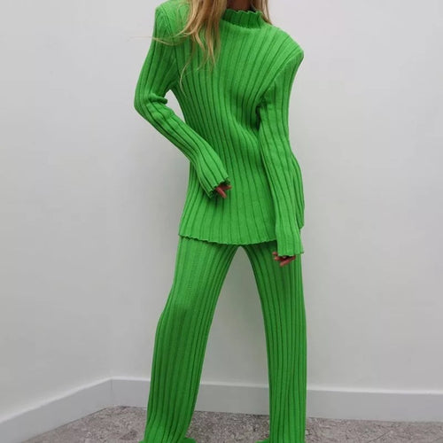 Knitted Solid Sweater Pant Suit