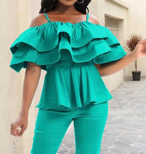Charger l&#39;image dans la galerie, Green Ruffles Peplum Spaghetti Top