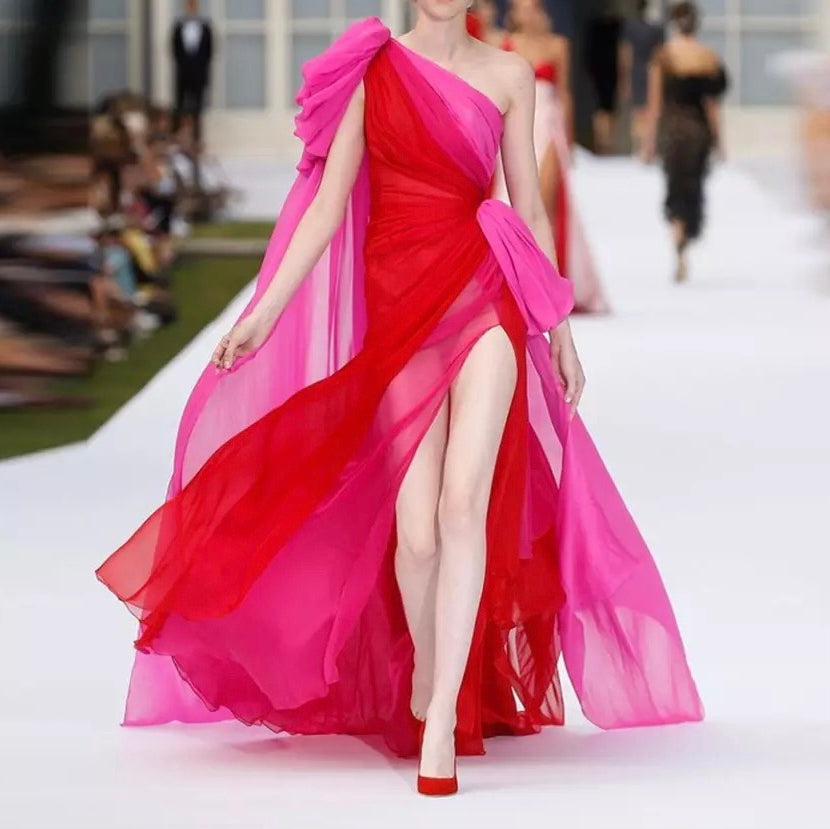 OneShoulder Contrast Layered Prom Dress
