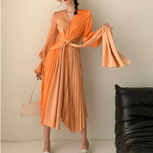 Load image into Gallery viewer, Contrast Flare Waist Lace Up Orange Dress