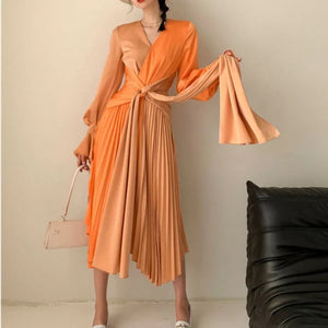 Contrast Flare Waist Lace Up Orange Dress