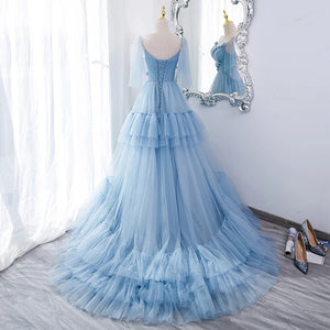 Tulle Tiered Flowers Train Prom Gown