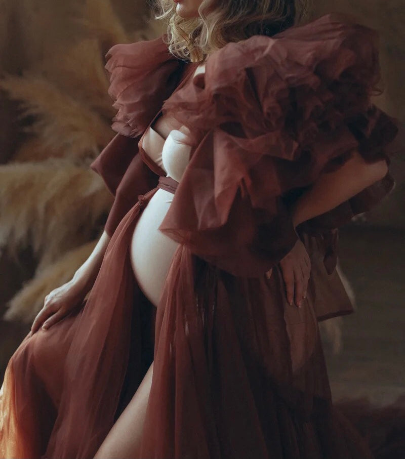 Maternity Sheer Ruffled Tulle Robe Dress