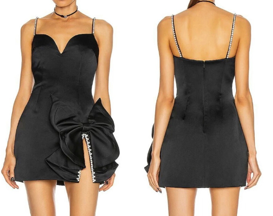 Diamond Bow Tie Split Spaghetti Strap Skinny Mini Dress