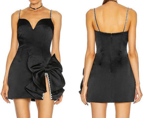Diamond Bow Tie Split Spaghetti Strap Skinny Mini Dress