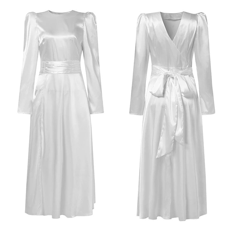 Elegant Satin Open Back Long Sleeve Slit Hem Belted Dress