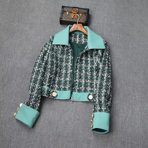 Plaid Tweed Jacket & Mesh Dress Patchwork 2 Piece Set