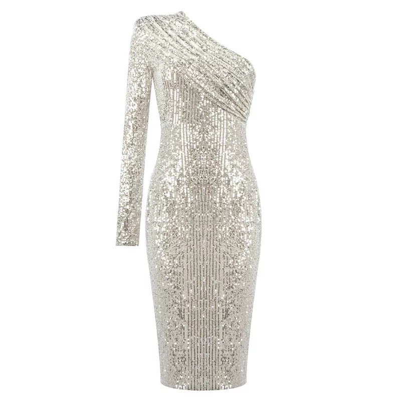One Shoulder Mesh Sequins Dress