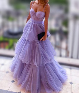 Spaghetti Lilac Tulle Layered Prom Dress