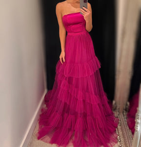 Fuschia Tiered Pleated Mono Prom Dress