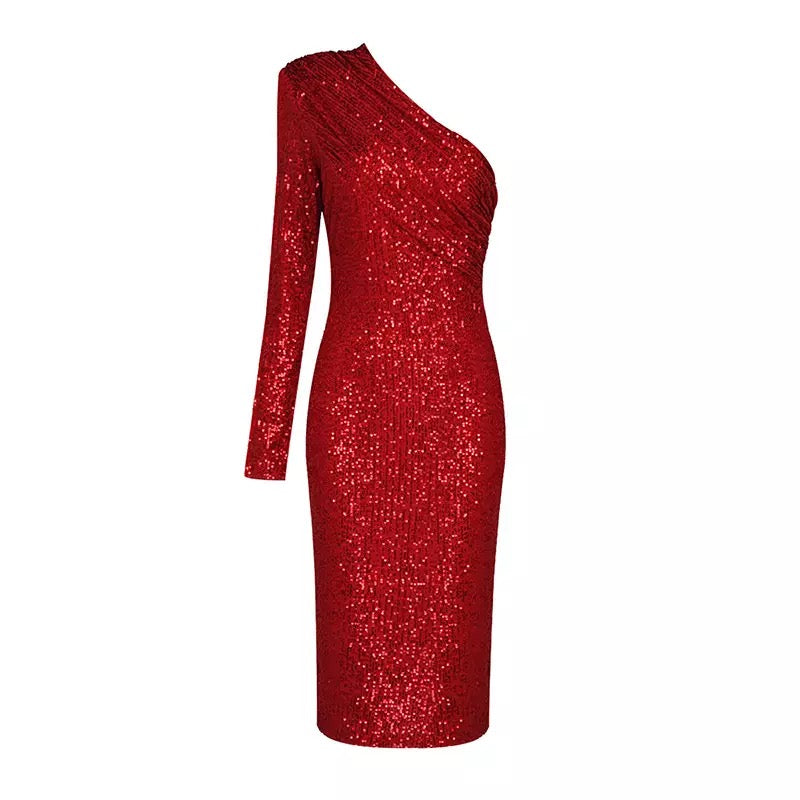 One Shoulder Mesh Sequins Dress