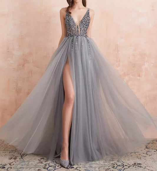 Beading Crystal High Splits Gown