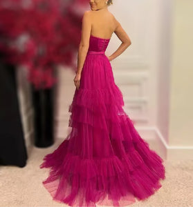 Fuschia Tiered Pleated Mono Prom Dress