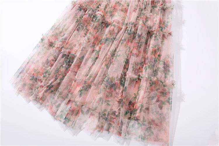 Mesh Ruffles Flower Spaghetti Dress