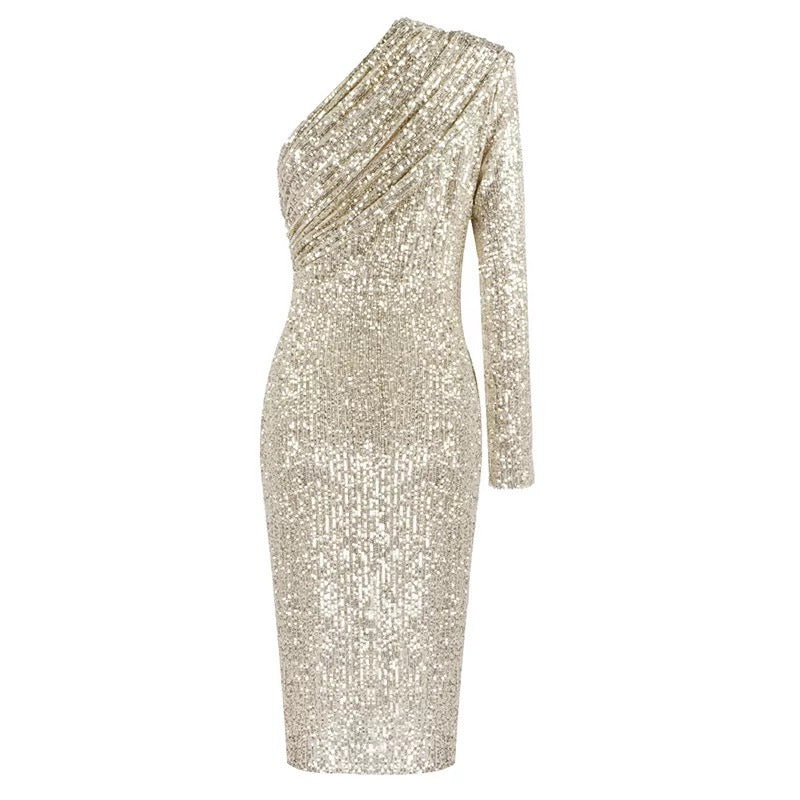 One Shoulder Mesh Sequins Dress