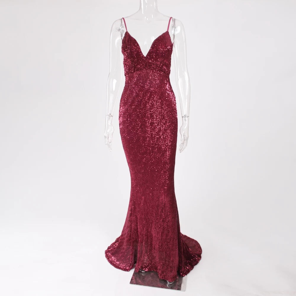 Sequined Stretch Backless Evening Dress