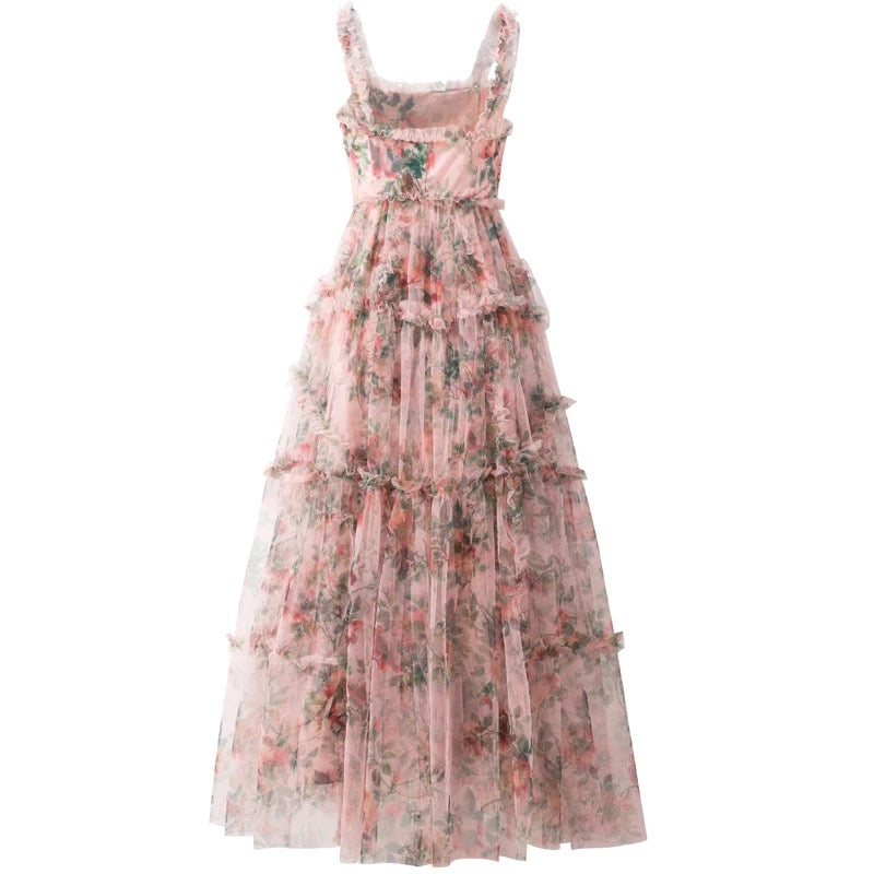 Mesh Ruffles Flower Spaghetti Dress