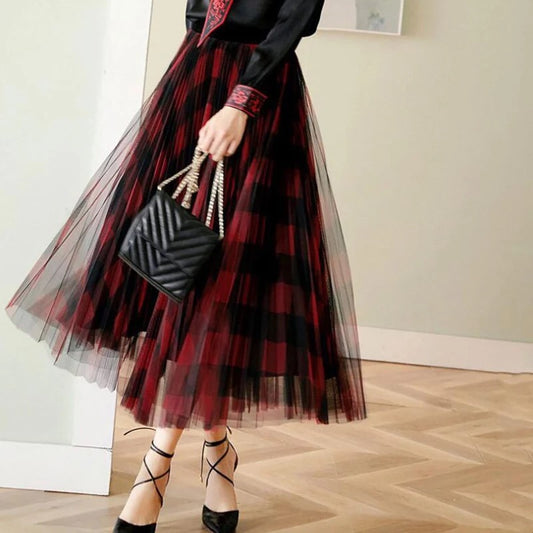 Long Pleated A Line Tulle Skirt