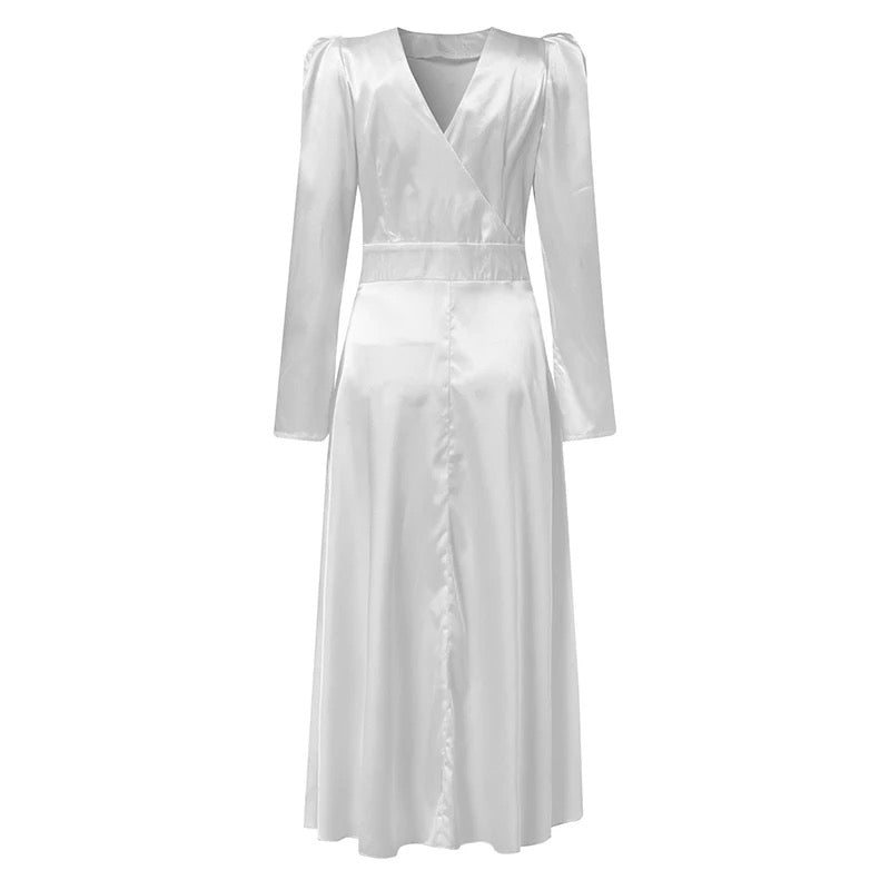 Elegant Satin Open Back Long Sleeve Slit Hem Belted Dress