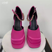 Load image into Gallery viewer, Silk Chunky Round Toe Rhinestone Shoes